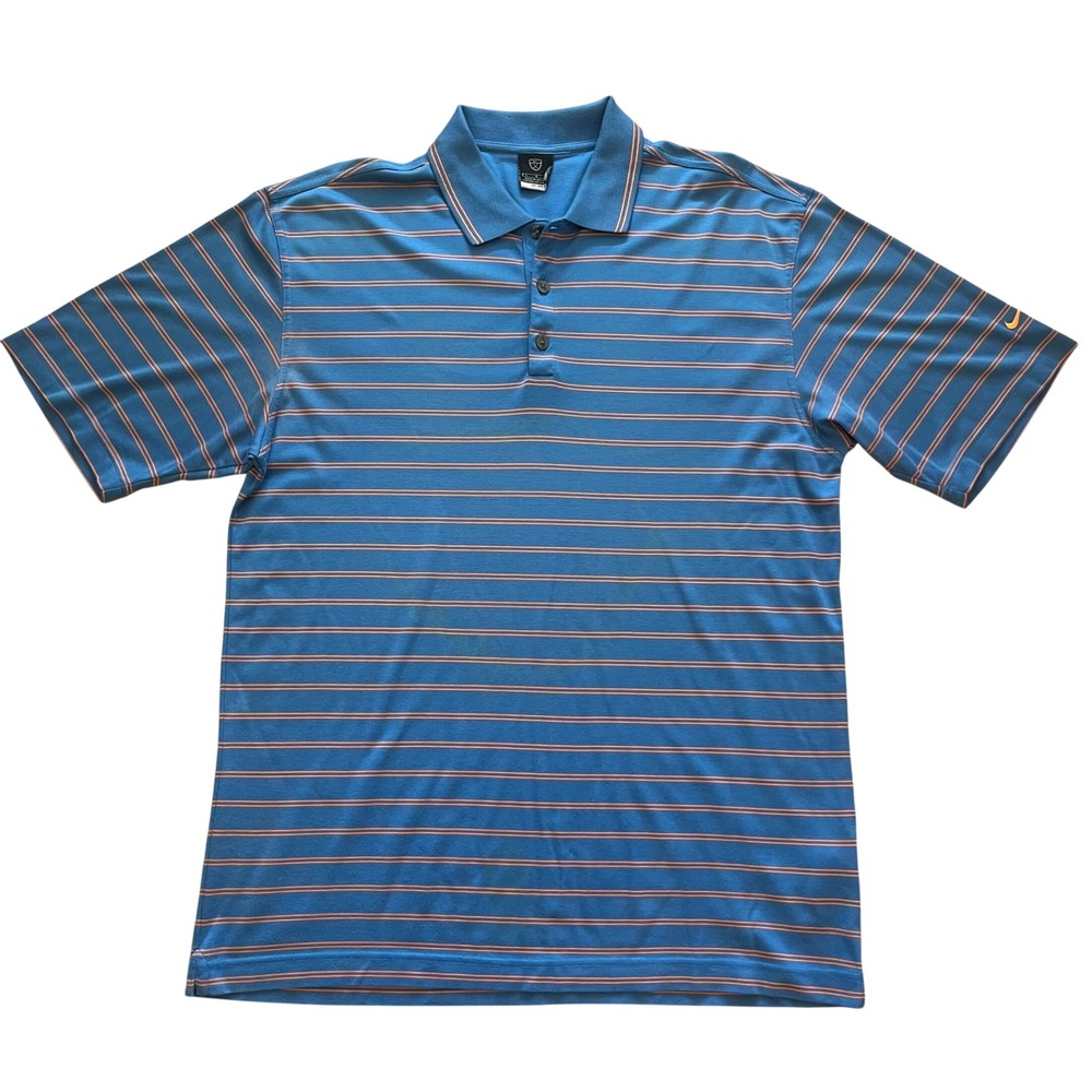 Nike Golf Dri-FIT Polo Shirt Mens Large Blue Orange‎ Striped Short Sleeve Swoosh